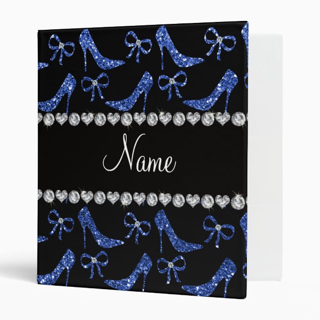 Custom name blue glitter high heels bow 3 ring binder (Front/Inside)