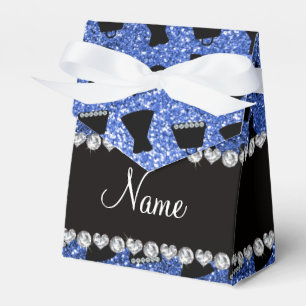 Custom name blue glitter high heels dress purse favor boxes