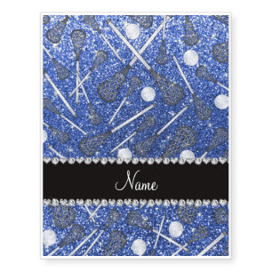 Custom name blue glitter lacrosse sticks temporary tattoos