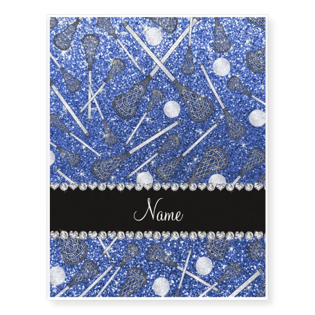 Custom name blue glitter lacrosse sticks temporary tattoos (Front)