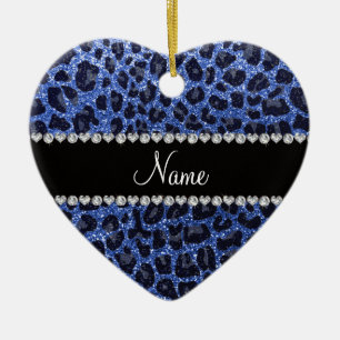 Custom name blue glitter leopard print ceramic ornament