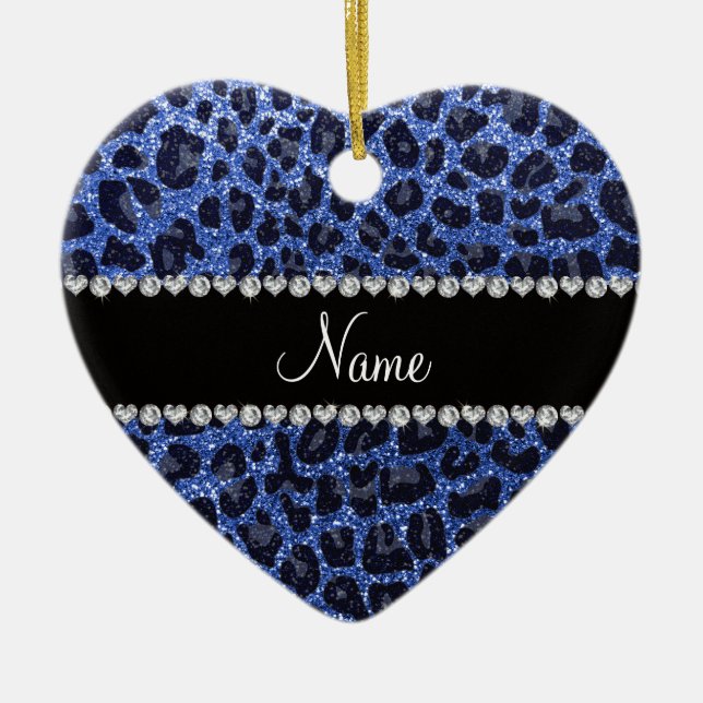 Custom name blue glitter leopard print ceramic ornament (Front)