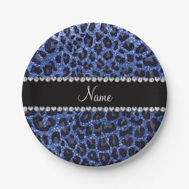 Custom name blue glitter leopard print paper plates (Front)