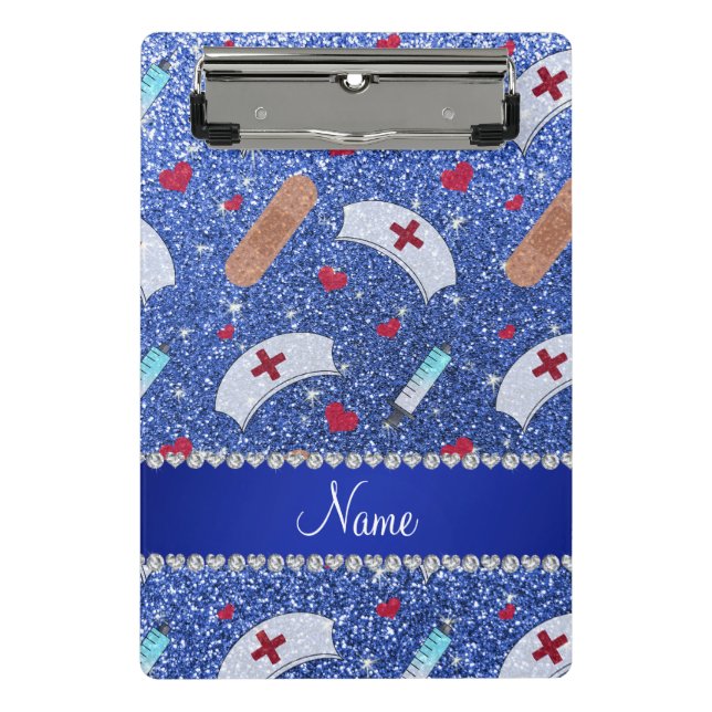 Custom name blue glitter nurse hats heart mini clipboard (Front)