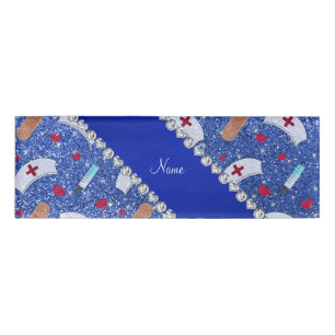Custom name blue glitter nurse hats heart tag