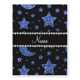Custom name blue glitter stars and moons temporary tattoos