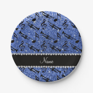 Custom name blue glitter trumpets music notes paper plates
