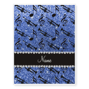 Custom name blue glitter trumpets music notes temporary tattoos