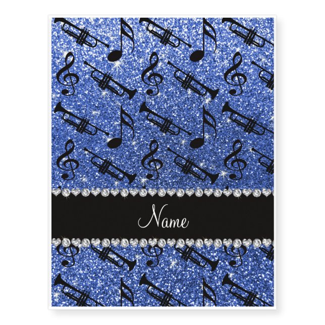 Custom name blue glitter trumpets music notes temporary tattoos (Front)