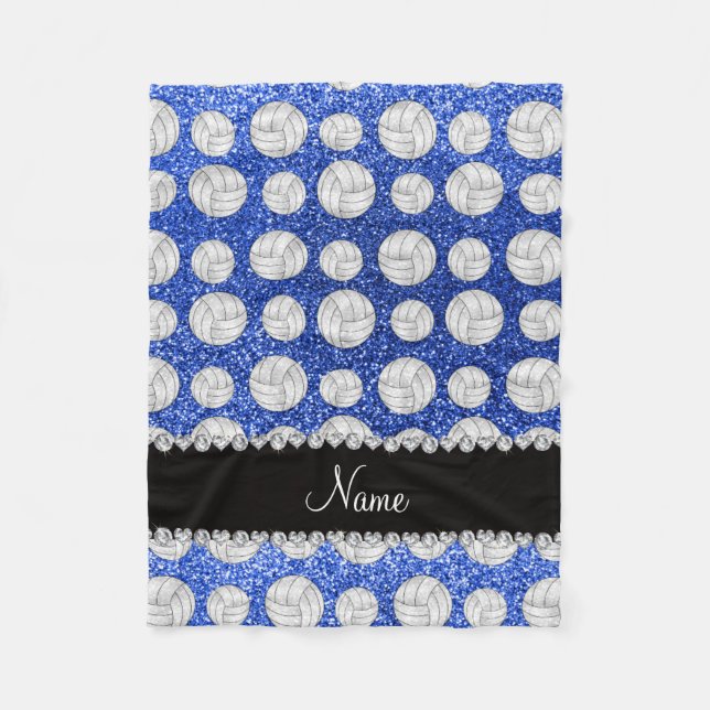 Custom name blue glitter volleyballs fleece blanket (Front)