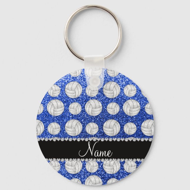 Custom name blue glitter volleyballs keychain (Front)