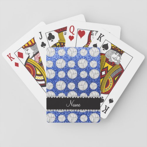 Custom name blue glitter volleyballs poker cards
