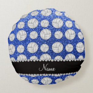 Custom name blue glitter volleyballs round pillow