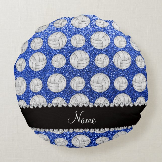 Custom name blue glitter volleyballs round pillow (Back)