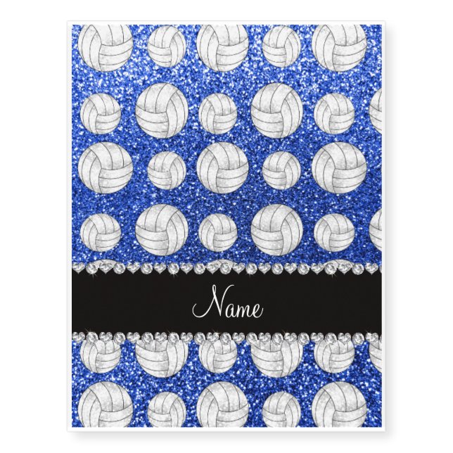 Custom name blue glitter volleyballs temporary tattoos (Front)