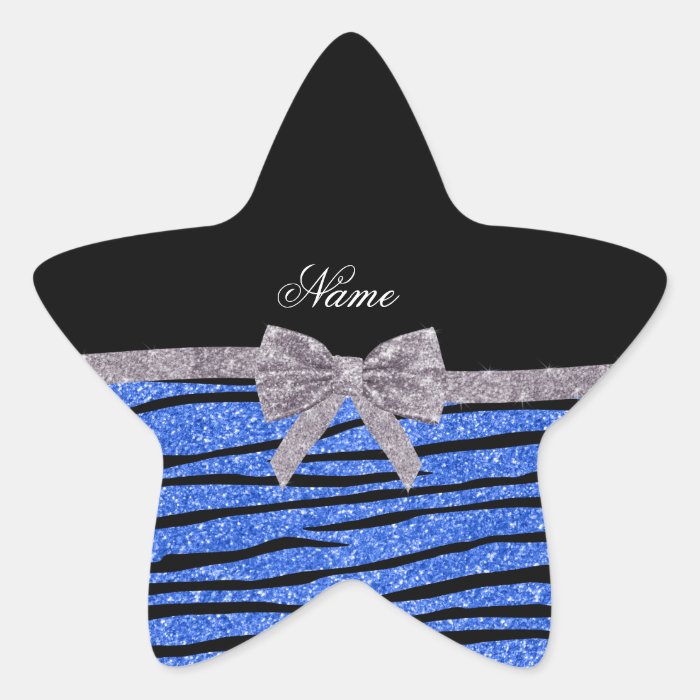 Custom name blue glitter zebra stripes bow star stickers