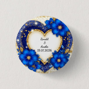 Custom Name Blue Gold Heart Frame Button Gift