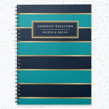 Custom Name Blue Gold Stripe Pattern Notebook by DoodlesGiftShop at Zazzle