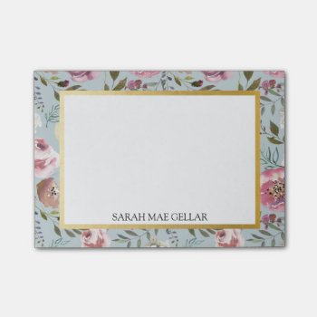 Custom Name | Blue  Gray  Gold Foil Floral Post-it Notes by autumnandpine at Zazzle