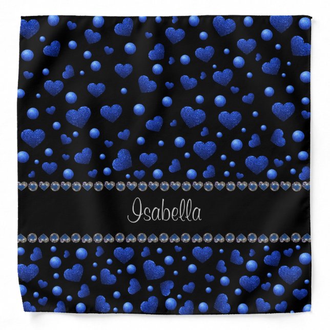 Custom name, Blue heart glitter pattern Bandana (Front)