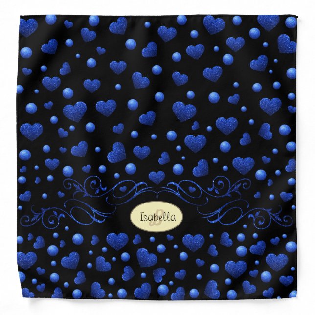 Custom name, Blue heart glitter pattern Bandana (Front)