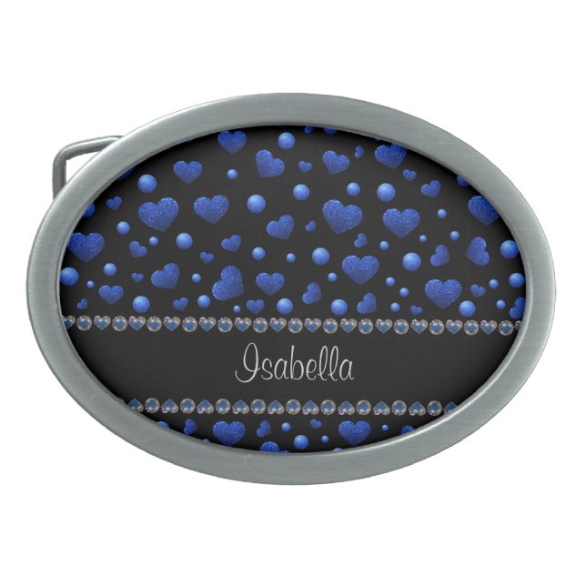 Custom name, Blue heart glitter pattern  Belt Buckle (Front)