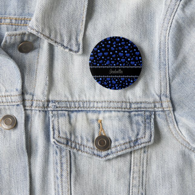 Custom name, Blue heart glitter pattern  Button (In Situ)