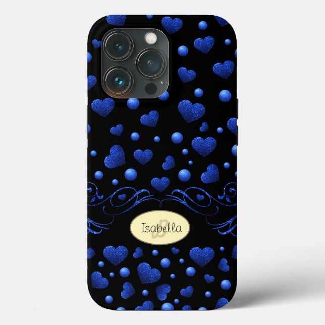Custom name, Blue heart glitter pattern  Case-Mate iPhone Case (Back)
