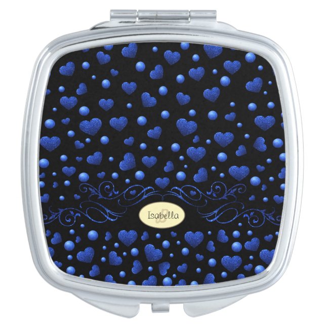 Custom name, Blue heart glitter pattern  Compact Mirror (Front)