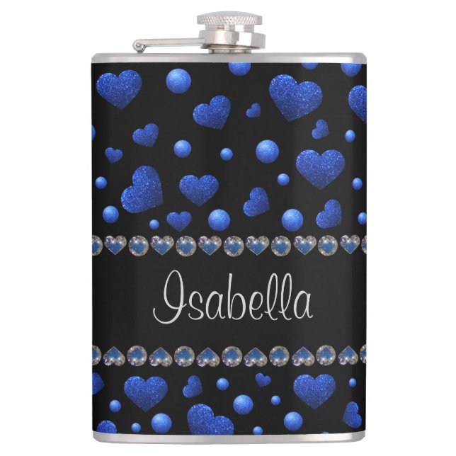 Custom name, Blue heart glitter pattern  Flask (Front)