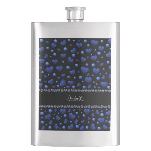 Custom name, Blue heart glitter pattern  Flask (Front)