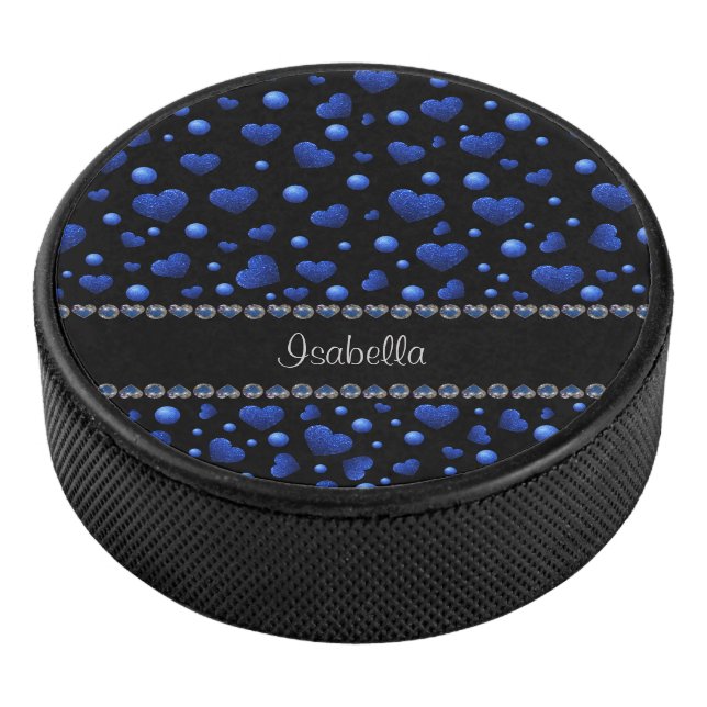 Custom name, Blue heart glitter pattern  Hockey Puck (3/4)