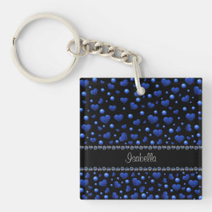 Custom name, Blue heart glitter pattern Keychain