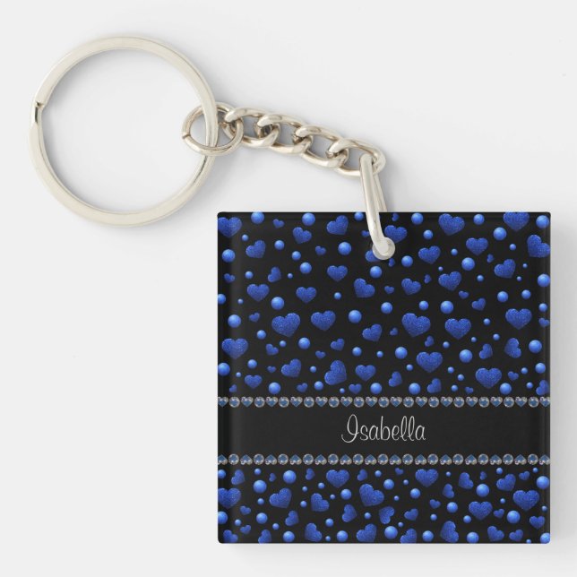 Custom name, Blue heart glitter pattern   Keychain (Front)