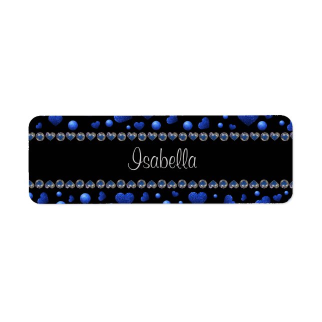 Custom name, Blue heart glitter pattern  Label (Front)