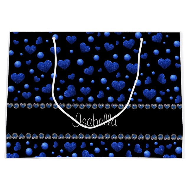 Custom name, Blue heart glitter pattern  Large Gift Bag (Front)