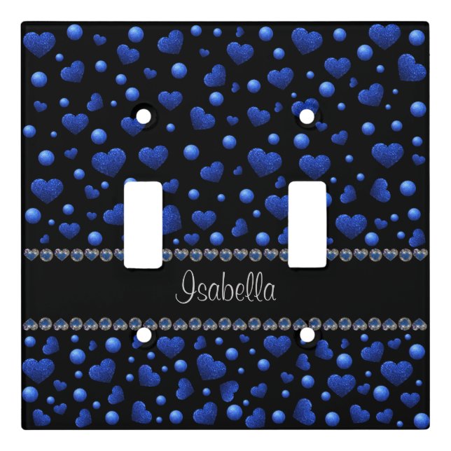 Custom name, Blue heart glitter pattern Light Switch Cover (Front)