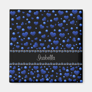 Custom name, Blue heart glitter pattern Magnet