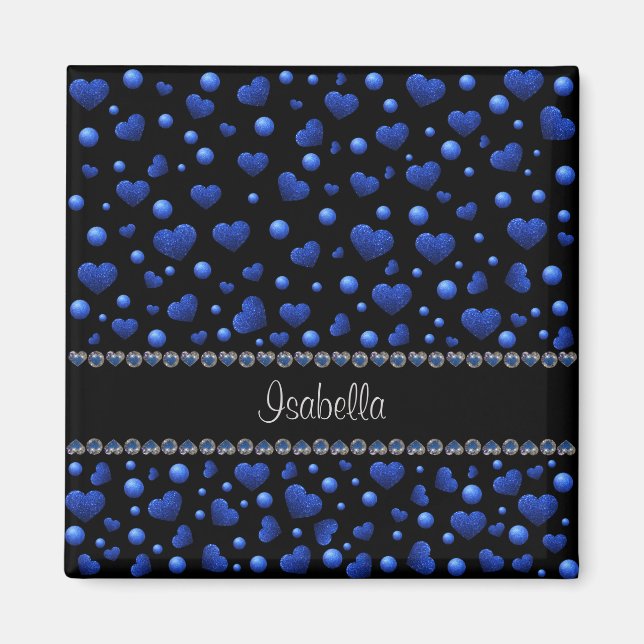Custom name, Blue heart glitter pattern  Magnet (Front)