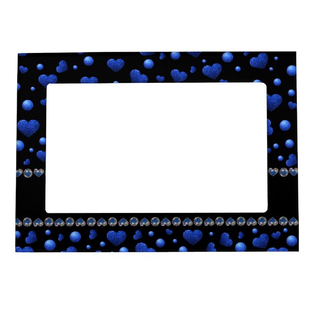 Custom name, Blue heart glitter pattern  Magnetic Frame (Front)