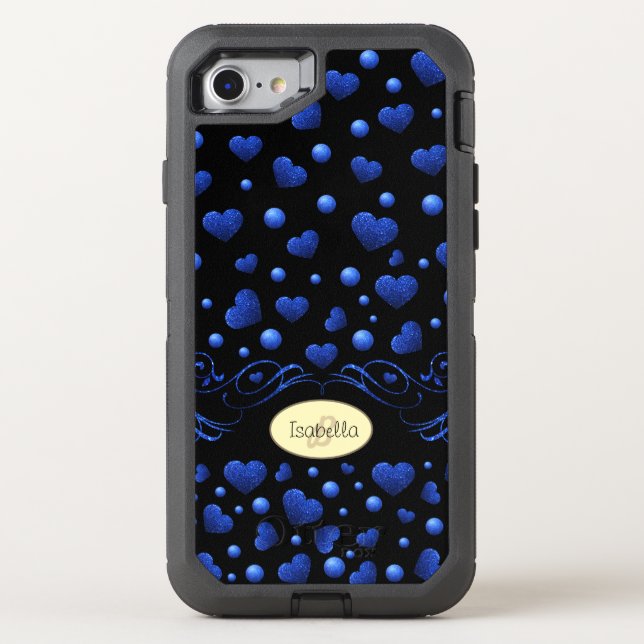 Custom name, Blue heart glitter pattern  Otterbox iPhone Case (Back)
