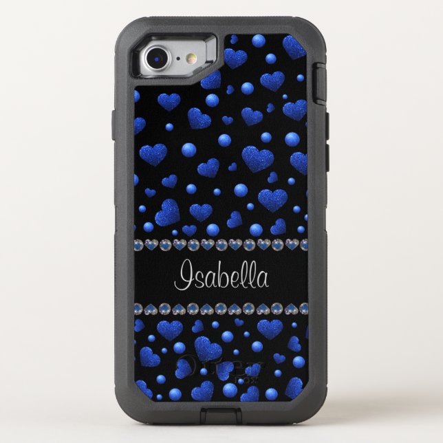 Custom name, Blue heart glitter pattern  Otterbox iPhone Case (Back)
