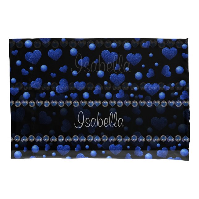 Custom name, Blue heart glitter pattern Pillow Case (Front-Left)