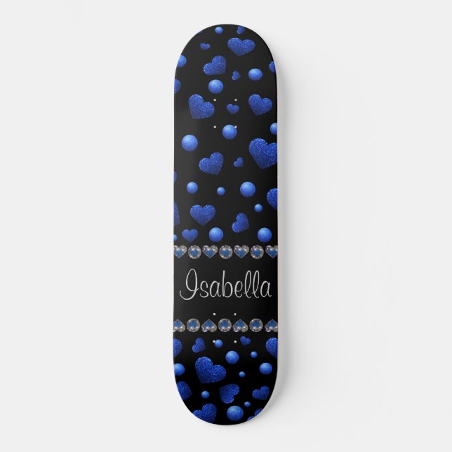 Custom name, Blue heart glitter pattern  Skateboard (Front)