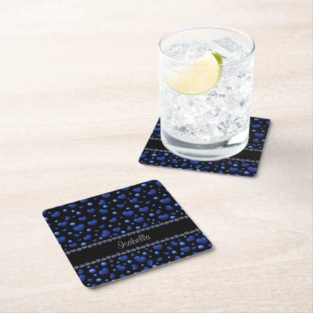 Custom name, Blue heart glitter pattern  Square Paper Coaster (Insitu)