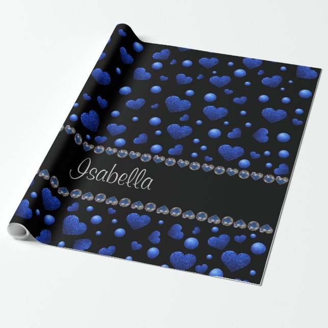 Custom name, Blue heart glitter pattern Wrapping Paper (Unrolled)
