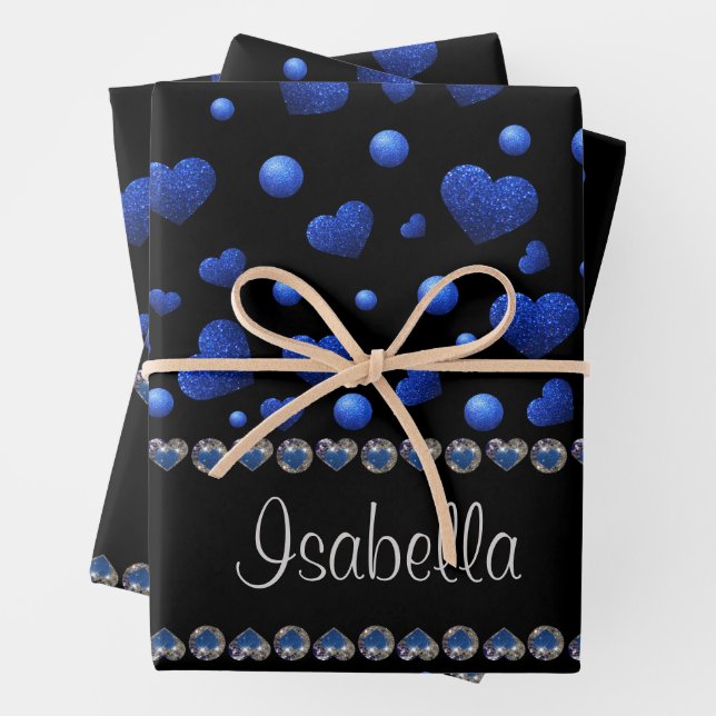 Custom name, Blue heart glitter pattern  Wrapping Paper Sheets (In situ)