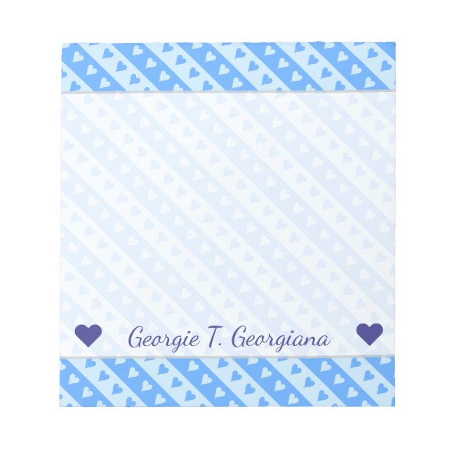 Custom Name + Blue Hearts and Stripes Pattern Notepad (Front)