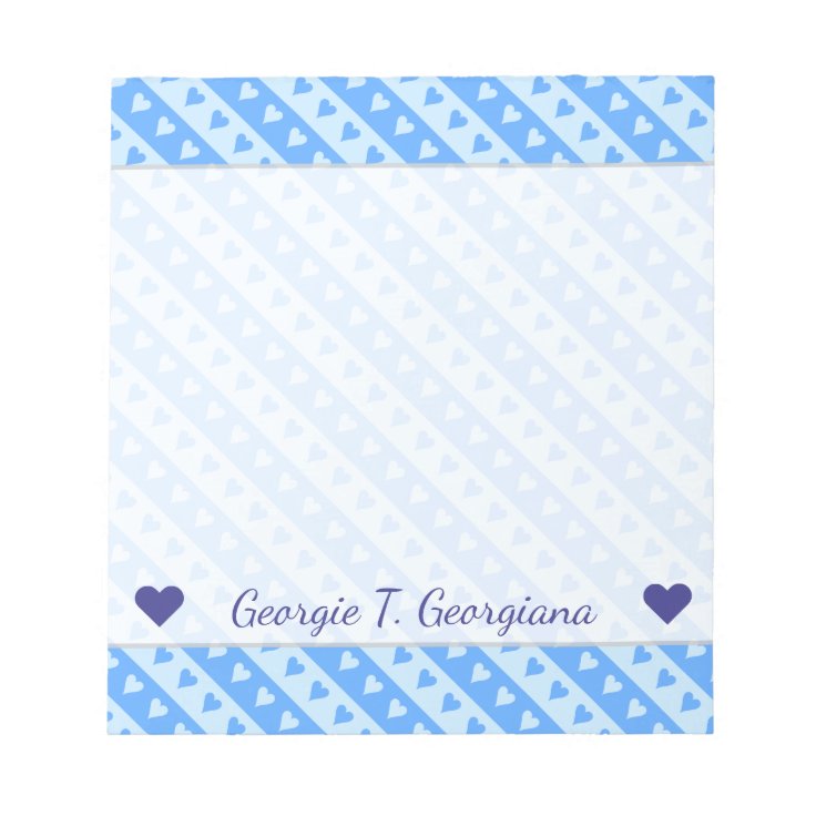 Custom Name + Blue Hearts and Stripes Pattern Notepad | Zazzle