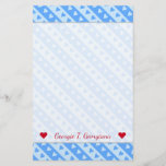 [ Thumbnail: Custom Name + Blue Hearts and Stripes Pattern Stationery ]
